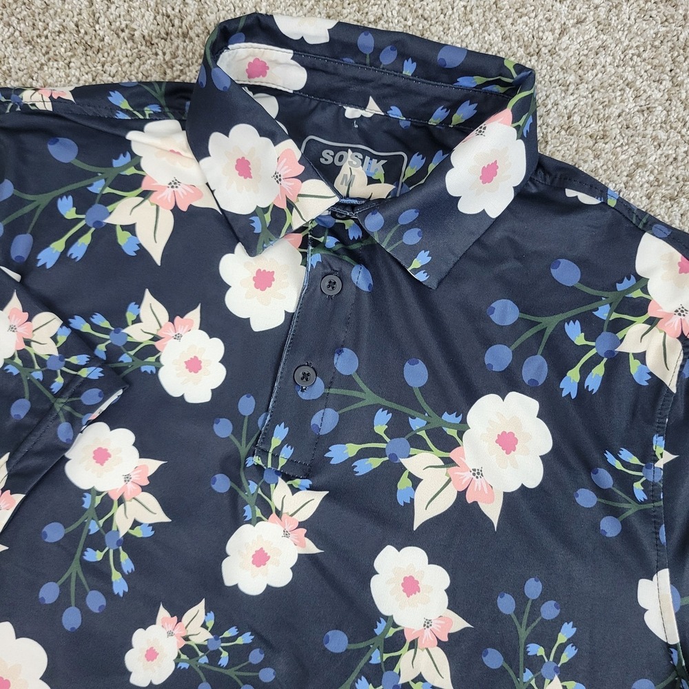 Sosik‎ Mens Medium Black AOP Floral Performance Stretch Golf Polo Short Sleeve